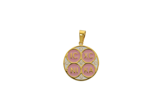 Κωνσταντινάτο σε χρυσό 14Κ σε σχήμα σταγόνας  με ροζ σμάλτο, ICXCNIKA & Αγ. Κωνσταντίνος και Αγία Ελένη από πίσω