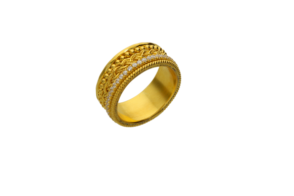 Βέρα ή Δαχτυλίδι χειροποίητο σε χρυσό 18Κ φαρδύ με γράνες, πλεξούδα, ζιργκόν και στρiφτό κορδόνι