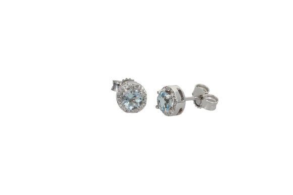 Σκουλαρίκια σε λευκόχρυσο 18Κ Ροζέτες στρογγυλές με ακουαμαρίνες και διαμάντια.