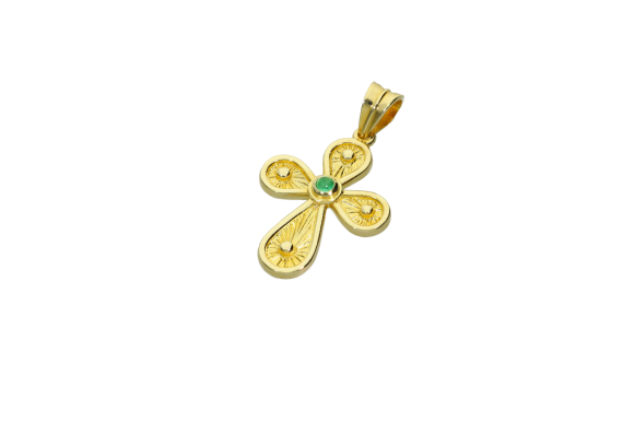 Σταυρός Βάπτισης για κορίτσι σε χρυσό 14Κ σε βυζαντινό στυλ με πράσινο ζιργκόν
