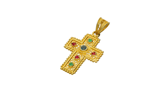 Σταυρός βάπτισης σε χρυσό 18Κ σε βυζαντινό στυλ με ζαφείρι, ρουμπίνι και σμαράγδι και φιλιγκράν τεχνική