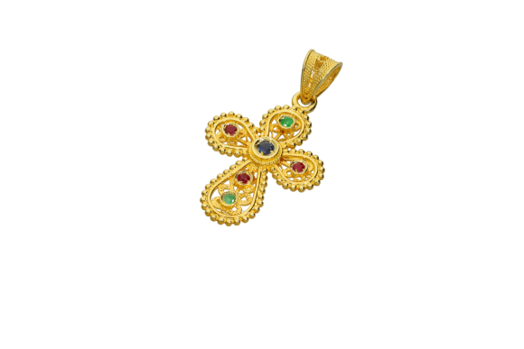 Σταυρός βάπτισης σε χρυσό 18Κ σε βυζαντινό στυλ με ζαφείρι, ρουμπίνι και σμαράγδι