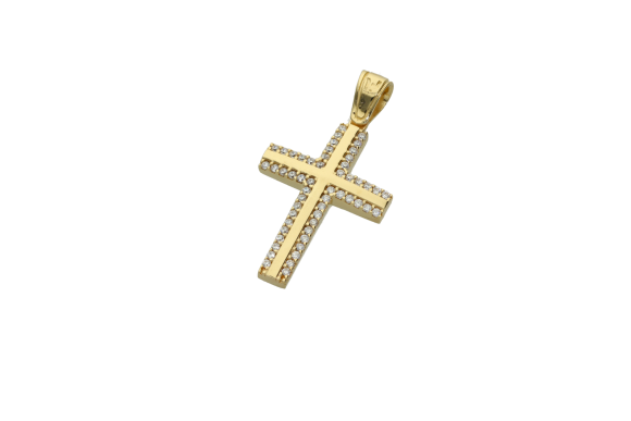 Σταυρός Βάπτισης για κορίτσι σε χρυσό 14Κ με ζιργκόν και πρόσθετο σταυρό λουστρέ στο κέντρο