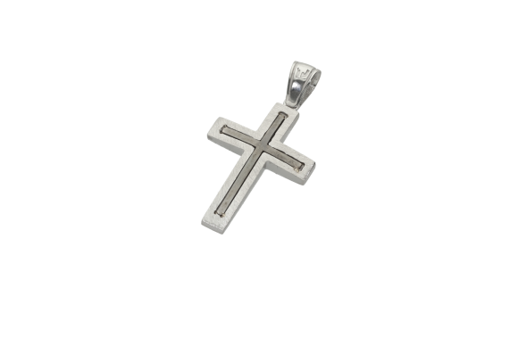 Σταυρός Βάπτισης για αγόρι σε λευκόχρυσο 14Κ ματ πλαίσιο και λουστρέ ένθετος σταυρός 