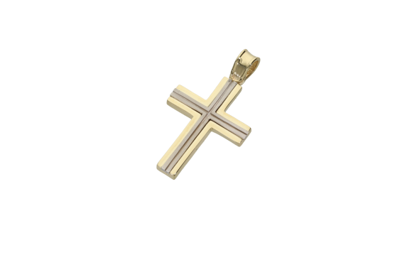 Σταυρός Βάπτισης για αγόρι σε δίχρωμο χρυσό 14Κ λουστρέ πλαίσιο με ματ διπλό ματ σταυρό στο κέντρο