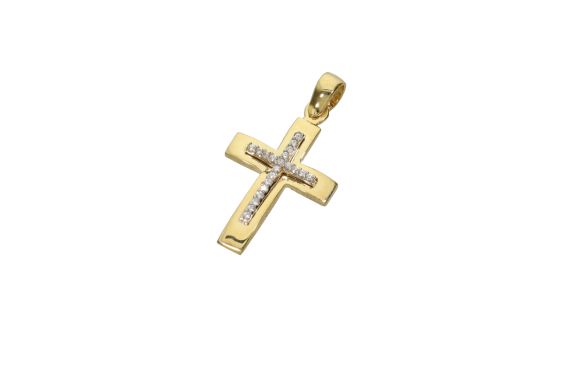 Σταυρός Βάπτισης για κορίτσι σε δίχρωμο χρυσό 14Κ λουστρέ πλαίσιο και ένθετος σταυρός λευκός με ζιργκόν στο κέντρο
