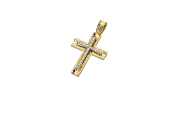 Σταυρός Βάπτισης για κορίτσι σε δίχρωμο χρυσό 14Κ ματ πλαίσιο και ένθετος σταυρός λευκός με ζιργκόν στο κέντρο