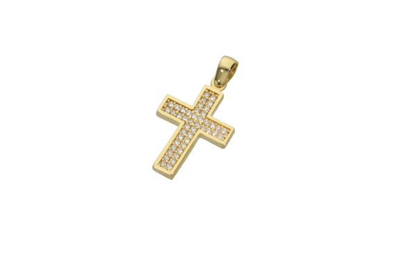 Σταυρός Βάπτισης για κορίτσι σε χρυσό 14Κ Ορθογώνιος με παβέ ζιργκόν και λουστρέ πλαίσιο 