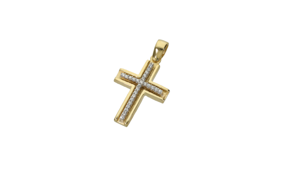 Σταυρός Βάπτισης για κορίτσι σε δίχρωμο χρυσό 14Κ ματ με ένθετο σταυρό σπίρτο με ζιργκόν