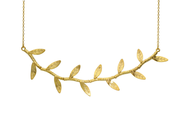 Κολιέ σε χρυσό 14Κ χειροποίητο με 6 διπλά κλαδάκια ελιάς σε αλυσίδα.