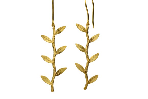 Σκουλαρίκια σε χρυσό 14Κ με 3 διπλά κλαδάκια ελιάς κρεμαστά σε γάντζο