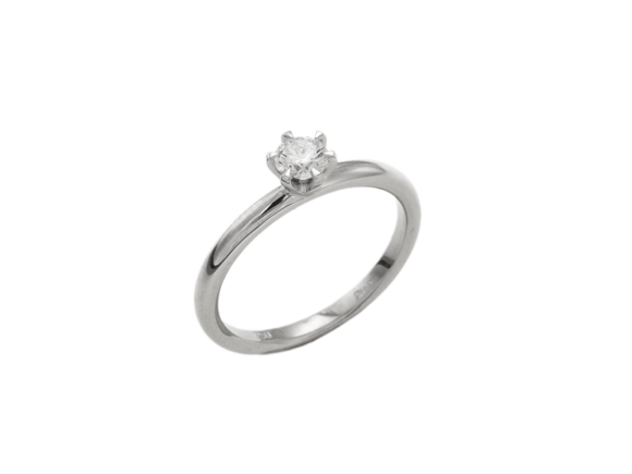 Δαχτυλίδι μονόπετρο αρραβώνων σε λευκόχρυσο 18Κ. Σχέδιο Αμερικέν χαμηλό με λεπτή στρογγυλή γάμπα με ένα πιστοποιημένο διαμάντι από τη GIA 2376420419