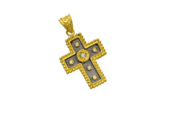 Σταυρός βάπτισης ή αρραβώνα σε χρυσό 18Κ με ρόδακα στο κέντρο, κοκκίδωση στο πλαίσιο και μαύρη επιροδίωση