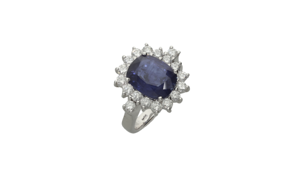 Δαχτυλίδι Λευκόχρυσο Κ18  Ροζέτα με Ζαφειρι Cushion και μπριγιάν διαμάντια γύρω