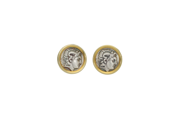 Σκουλαρίκια σε ασήμι 925° & επίχρυσο στεφάνι με Νόμισμα Λυσιμάχου και κεφαλή Μ. Αλεξάνδρου