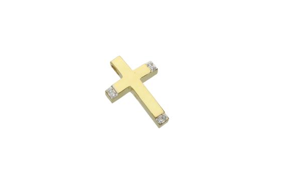 Σταυρός βάπτισης για κορίτσι σε χρυσό 14K Ορθογώνιος τετραγωνισμένος και ελαφρώς πομπέ με ζιργκόν στις άκρες.