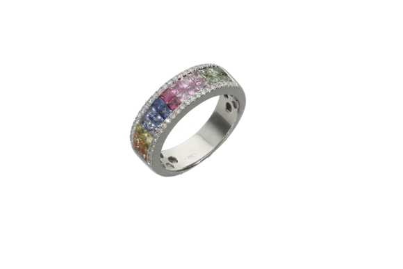 Δαχτυλίδι σε λευκόχρυσο 18Κ τύπου Rainbow σειρέ με 2 σειρές καρέ ζαφειρια συρταρωτα invisible και σειρες μπριγιαν εξωτερικα
