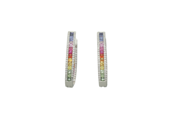 Σκουλαρίκια σε λευκόχρυσο 18Κ τύπου Rainbow σειρέ με καρέ ζαφειρια συρταρωτα invisible και σειρές μρ διαμάντια εξωτερικά