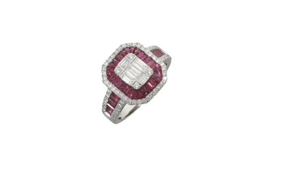 Δαχτυλίδι σε λευκόχρυσο 18Κ ροζέτα πολυγωνική με invisible diamonds και ρουμπίνια