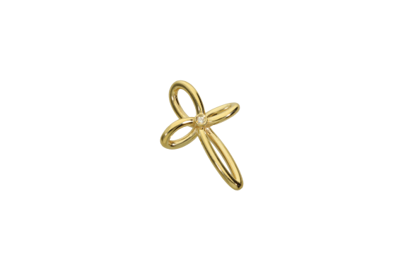 Σταυρός βάπτισης για κορίτσι σε χρυσό 18K Ορθογώνιος διάτρητος με καμπυλωτές άκρες σαν φιόγκος ένα διαμάντι στο κέντρο.