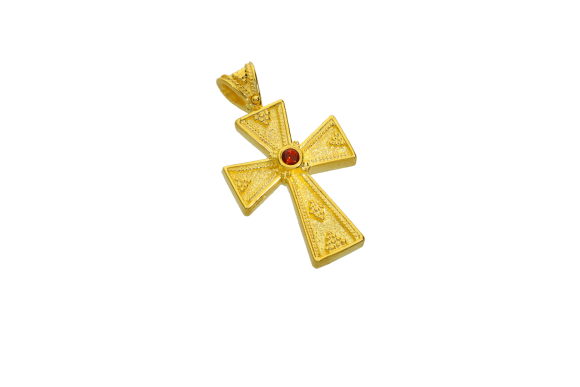 Σταυρός Βάπτισης για κορίτσι σε χρυσό 14Κ βυζαντινός με γρανάδα