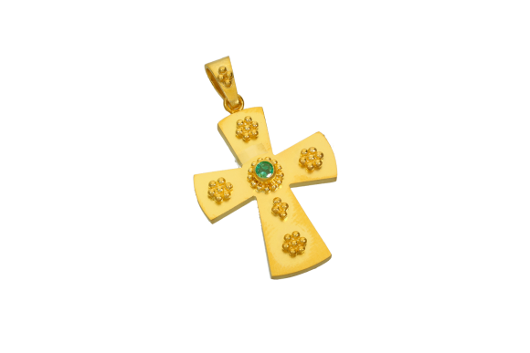 Σταυρός βάπτισης σε χρυσό 18Κ σε βυζαντινό στυλ με κοκκίδωση και σμαράγδι