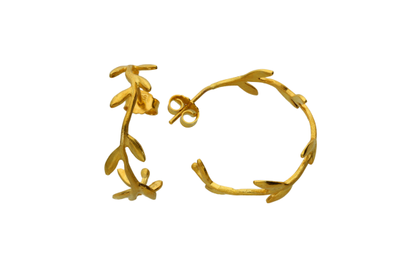 Σκουλαρίκια σε χρυσό 14Κ χειροποίητος κρίκος με κλαδάκια ελιάς και μικρά φύλλα ματ
