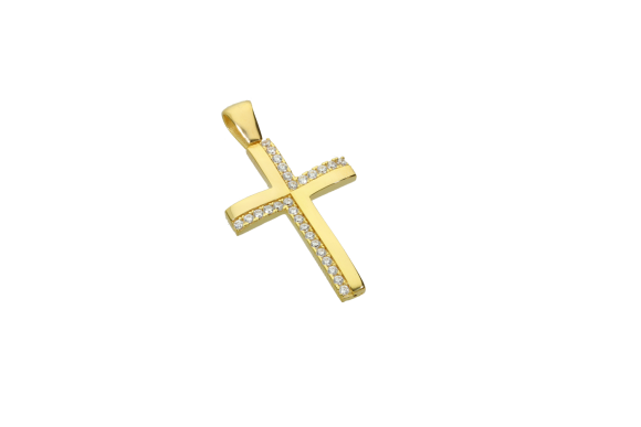 Σταυρός Βάπτισης για κορίτσι σε χρυσό 14Κ με ζιργκόν στις δύο εσωτερικές γωνίες