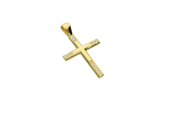 Σταυρός Βάπτισης για κορίτσι σε χρυσό 14Κ λεπτός με ζιργκόν στις άκρες του σταυρού