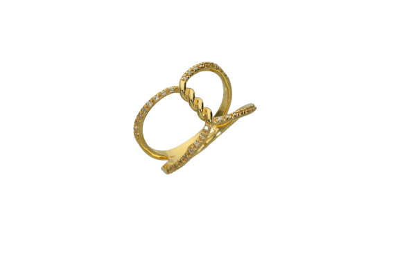 Δαχτυλίδι σε χρυσό 18Κ διπλή λεπτή γάμπα για πέτρες με στριφτή ένωση στο κέντρο με διαμάντια.