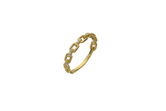 Δαχτυλίδι σε χρυσό 18Κ σαν αλυσιδωτό με ορθογώνιους μικρούς πλακέ κρίκους και ανάμεσα καστόνια με διαμάντια.