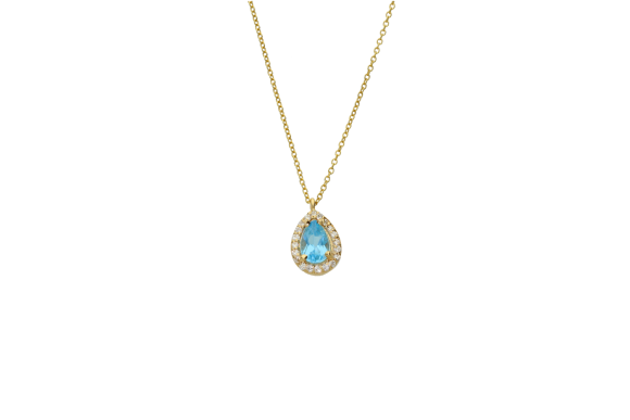Κολιέ σε χρυσό 18Κ Ροζετάκι σε σχήμα σταγόνας με γύρω διαμάντια και στο κέντρο ένα μπλε τοπάζ με αλυσίδα κρίκο κρίκο.