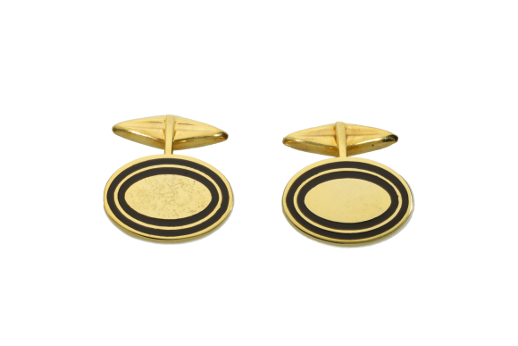 Μανικετόκουμπα σε επιχρυσωμένο ασήμι 925° οβάλ ματ με δύο μαύρους ομόκεντρούς κύκλους