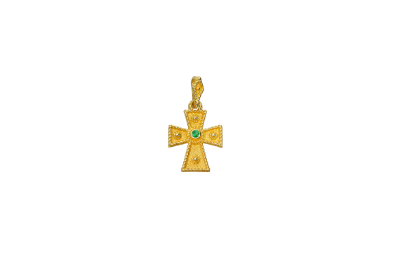 Σταυρός σε χρυσό 14Κ σε βυζαντινό στυλ με πράσινο ζιργκόν