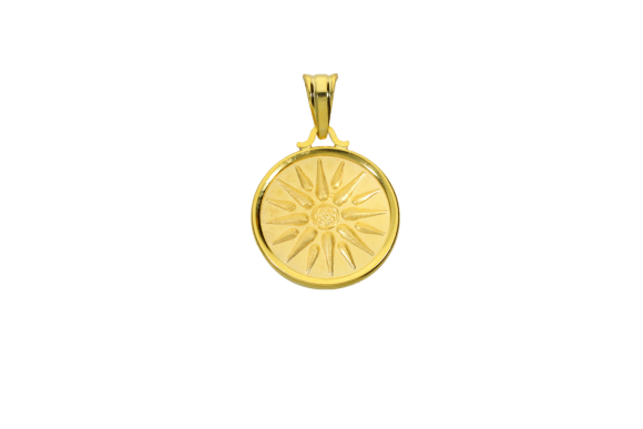 Μενταγιόν σε χρυσό 14Κ απλό γυαλιστερό Στεφάνι Φ18χιλ με Νόμισμα με Ήλιο Βεργίνας εποχής Αλεξάνδρου 