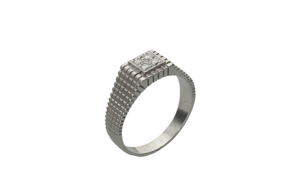 Δαχτυλίδι ανδρικό σε λευκόχρυσο 18Κ με 4 διαμάντια στο κέντρο και καρεδάκια σαν σχέδιο ντεγκραντέ