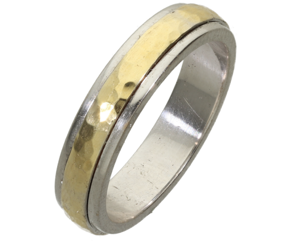 Βέρα σε δίχρωμο χρυσό 14Κ, κίτρινο & λευκό, Τετράγωνη λουστέ με σφυρήλατο πομπέ στο κέντρο