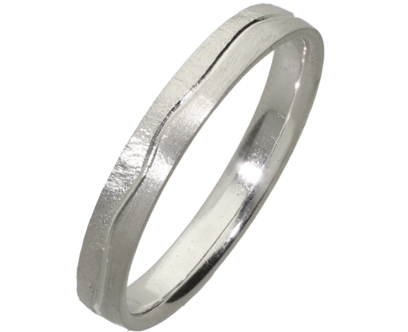 Βέρες Γάμου λευκόχρυσες 14Κ, Βέρα χειροποίητη πλακέ ματ με κάθετο γραμμωτό σχέδιο και κυματιστή γραμμή