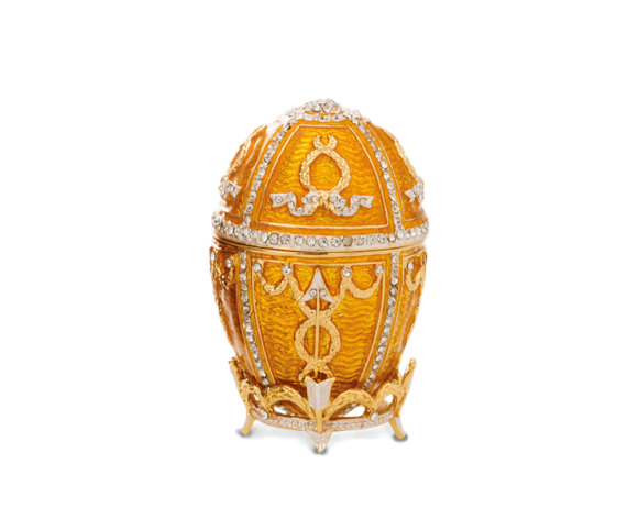 Διακοσμητικό σε ορείχαλκο, Πασχαλινό αυγό μεγάλο, ανοιγώμενο με μπλε σμάλτο και σχέδιο ρόμβοι με ζιργκόν πάνω σε βάση.