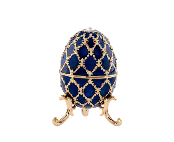 Διακοσμητικό σε ορείχαλκ, Πασχαλινό αυγό μεγάλο, ανοιγώμενο με μπλε σμάλτο και σχέδιο ρόμβοι με ζιργκόν και ποδαράκια.