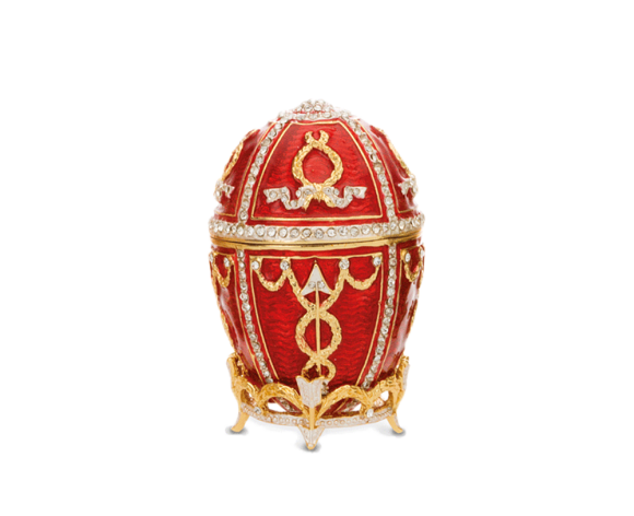 Διακοσμητικό σε ορείχαλκο, Πασχαλινό αυγό μεγάλο, ανοιγώμενο με κόκκινο σμάλτο και σχέδιο ρόμβοι με ζιργκόν πάνω σε βάση.