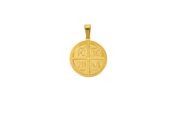 Κωνσταντινάτο σε χρυσό 14Κ στρογγυλό πλακέ ICXCNIKA & Αγ. Κωνσταντίνος και Αγία Ελένη από πίσω