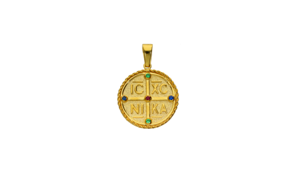 Κωνσταντινάτο σε χρυσό 14Κ στρογγυλό πλακέ ICXCNIKA με πέντε πολύτιμες πέτρες & Αγ. Κωνσταντίνος και Αγία Ελένη από πίσω