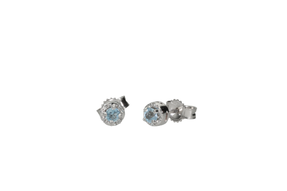 Σκουλαρίκια σε λευκόχρυσο 18Κ Ροζέτες στρογγυλές με ακουαμαρίνες και διαμάντια.