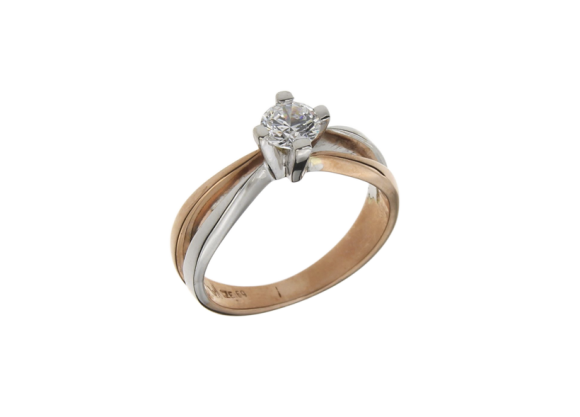 Δαχτυλίδι σε δίχρωμο χρυσό 18Κ  διπλή γάμπα από ροζ και λευκό χρυσό με λευκό καστόνι σε ρόμβο με διαμάντι 