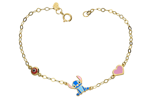 Βραχιόλι σε επιχρυσωμένο ασήμι 925° αλυσιδωτό με ένα μάτι μια καρδούλα και ένα ζωάκι