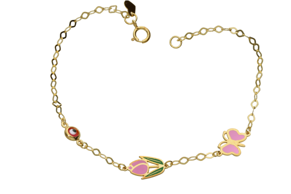 Βραχιόλι σε επιχρυσωμένο ασήμι 925° αλυσιδωτό με ένα μάτι μια πεταλούδα και μία τουλίπα