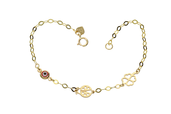 Βραχιόλι σε χρυσό 9Κ με ματάκι πασχαλίτσα και τετράφυλλο τριφύλλι