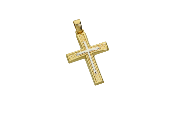 Σταυρός Βάπτισης για αγόρι σε δίχρωμο χρυσό 9Κ με κυψελωτό εφέ και ένας μικρότερος λευκός από επάνω