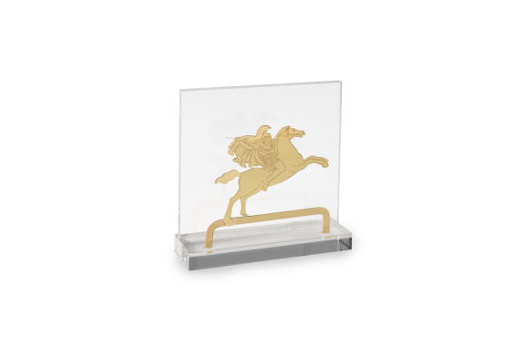 Διακοσμητικό σε ορείχαλκο ’γαλμα Μεγ. Αλεξάνδρου σε γωνιακό σταντ από πλέξι γκλας